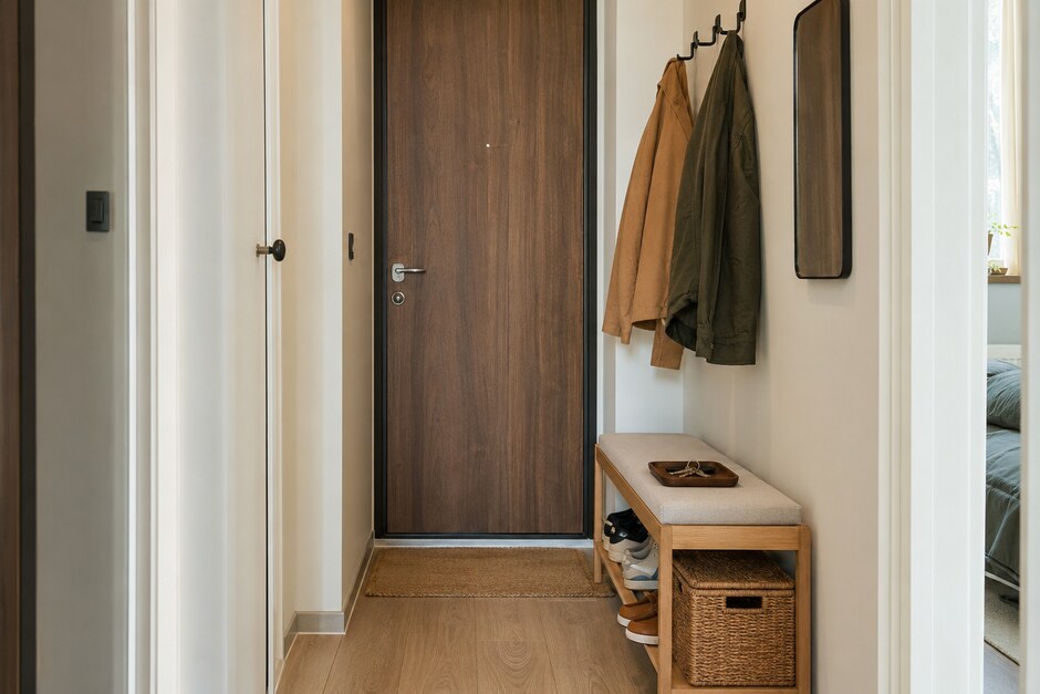 A narrow apartment entry with hooks, a shallow shoe bench, key tray, mirror, and clear walking path.