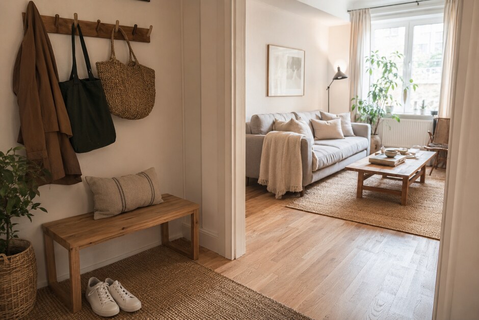 A calm small apartment where an organized entry opens into a warm, lived-in living room.